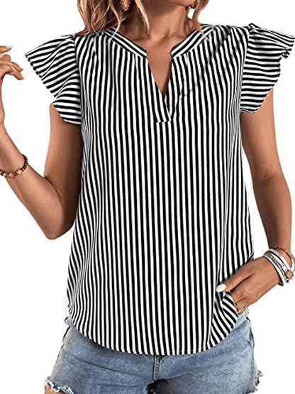 Blouses - Striped Notched Ruffle Cap Sleeve V Neck Blouse - MsDressly