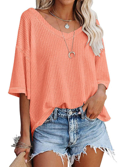 Blouses - Causual Waffle Knit Loose Tunic V Neck Short Sleeve Blouse - MsDressly