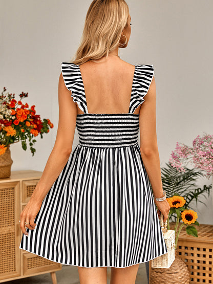 Mini Dresses - Casual Off Shoulder Ruffle Striped Mini Dress - MsDressly