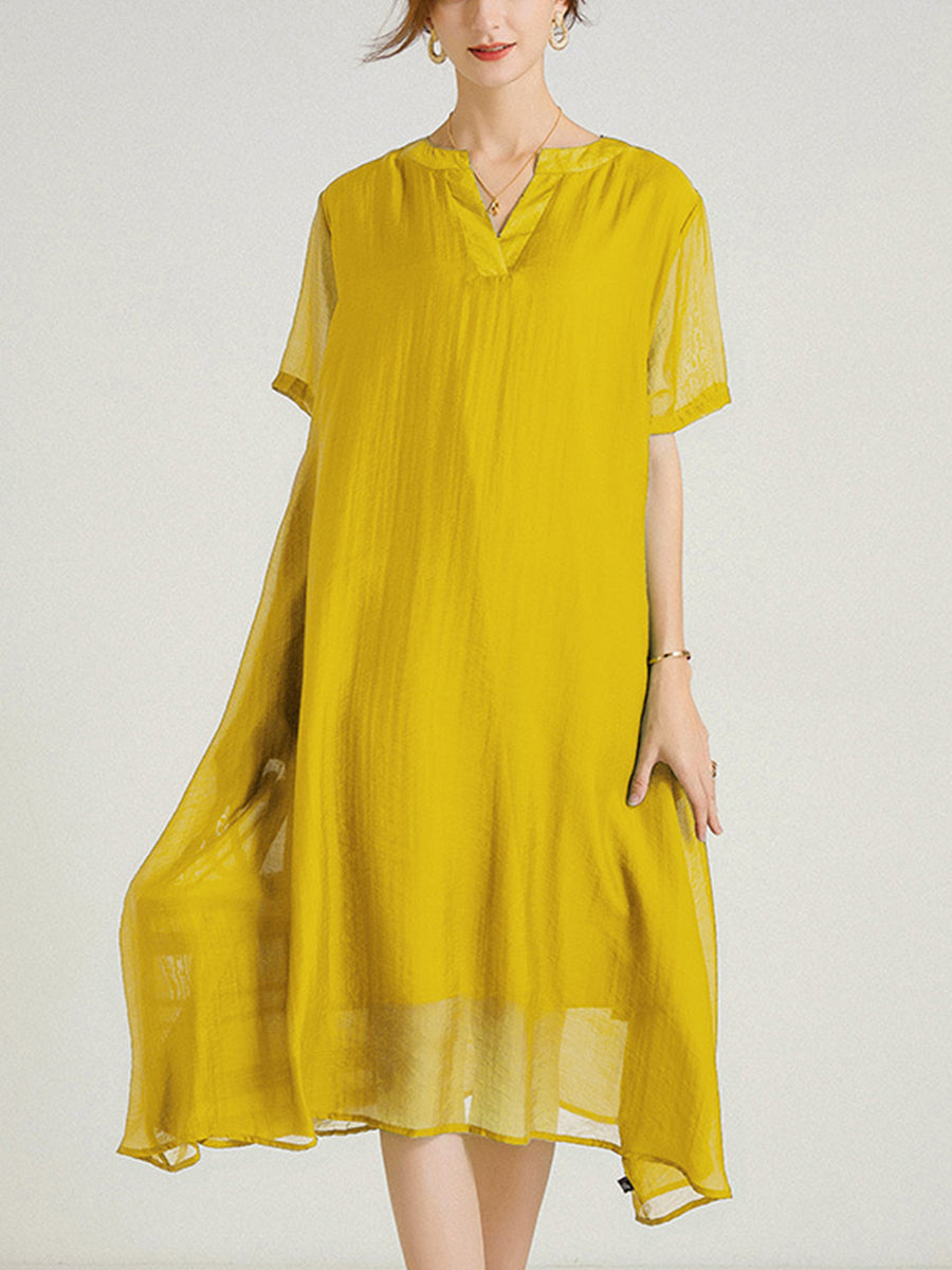 Plus Midi Dresses - Size Curve Dresses Large Size V-Neck Short Sleeve Silk Loose Midi Dress - MsDressly