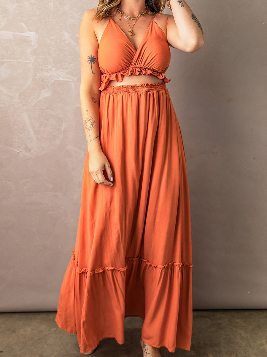 Maxi Dresses - Frill Trim Cutout Spaghetti Strap Maxi Dress - MsDressly