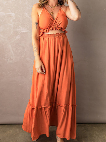 Maxi Dresses - Frill Trim Cutout Spaghetti Strap Maxi Dress - MsDressly