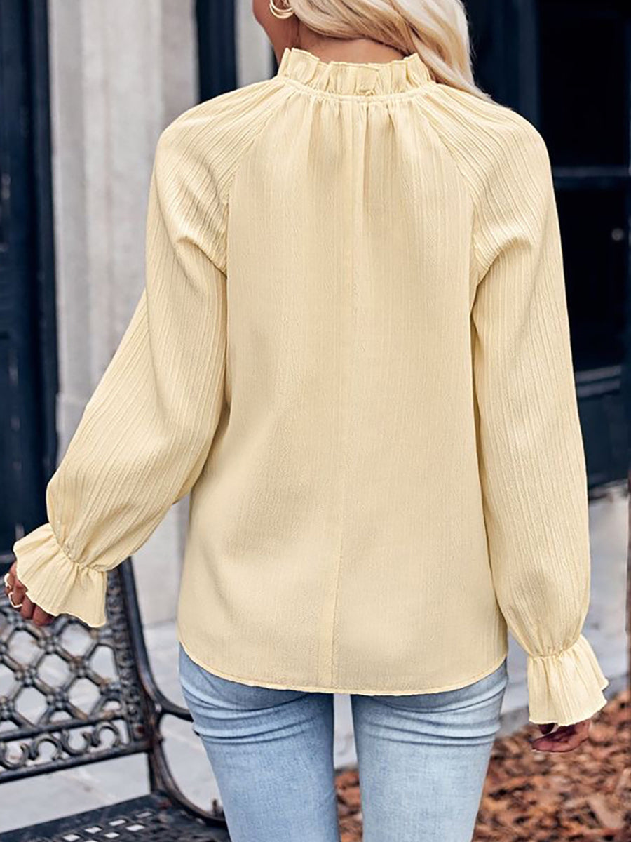 Comfortable Casual Striped Lotus Leaf Collar Long Sleeved Blouse