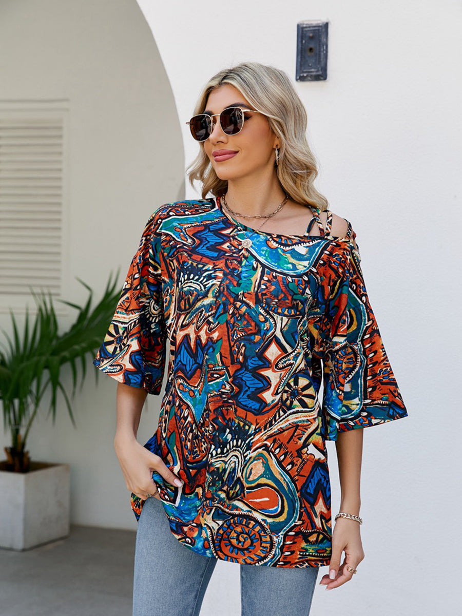 T-Shirts - Oblique Shoulder Print Bands Bandage Loose T-Shirt - MsDressly