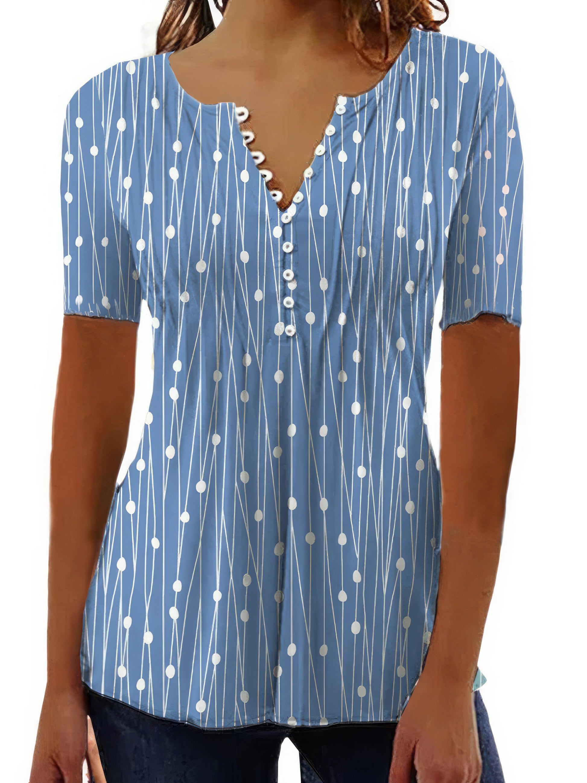Blouses - V-Neck Polka Dot Printed Button Short Sleeve Blouse - MsDressly