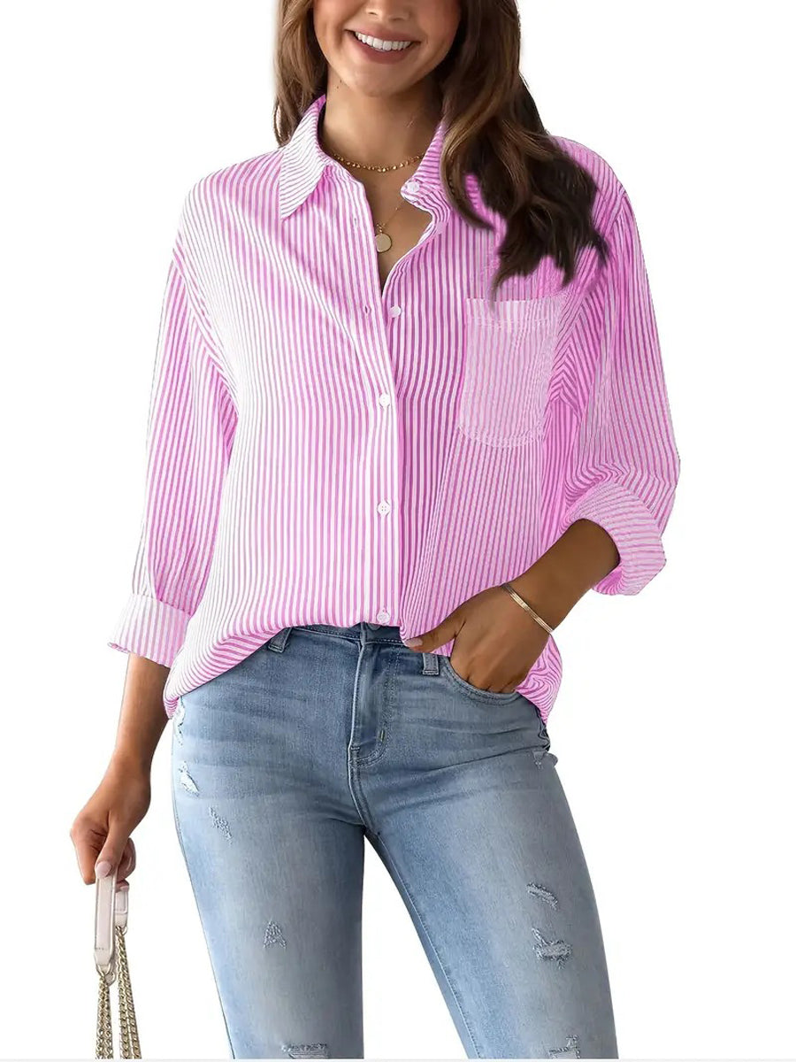 Blouses - Striped Button Down Roll-up Long Sleeves Point Collar Blouse - MsDressly