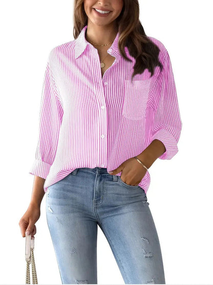 Blouses - Striped Button Down Roll-up Long Sleeves Point Collar Blouse - MsDressly