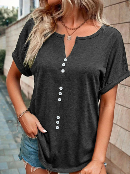 T-Shirts - V-Neck Button Short-Sleeved T-Shirt - MsDressly
