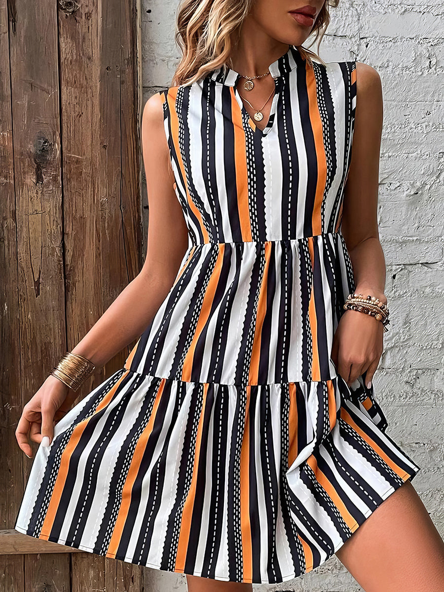 Mini Dresses - Fashion Print Stand Collar Striped Sleeveless Mini Dress - MsDressly