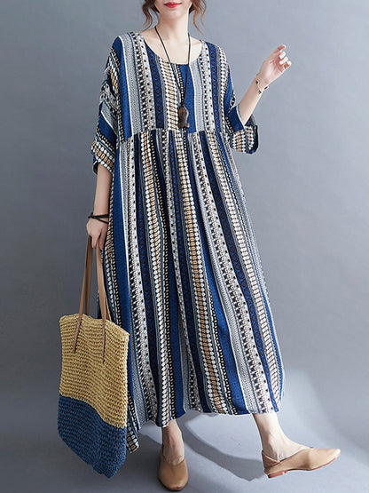Maxi Dresses - Vintage Stripe Loose Short Sleeve Maxi Dress - MsDressly