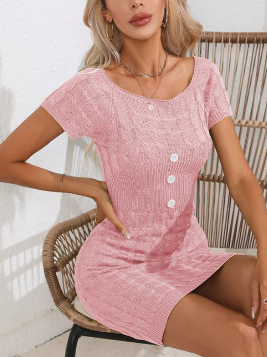 Decorative Button Round Neck Short Sleeve Sweater Mini Dress