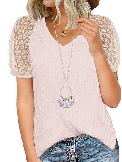 T-Shirts - Lace Loose Casual Waffle Tee Short Sleeve V Neck T-Shirt - MsDressly
