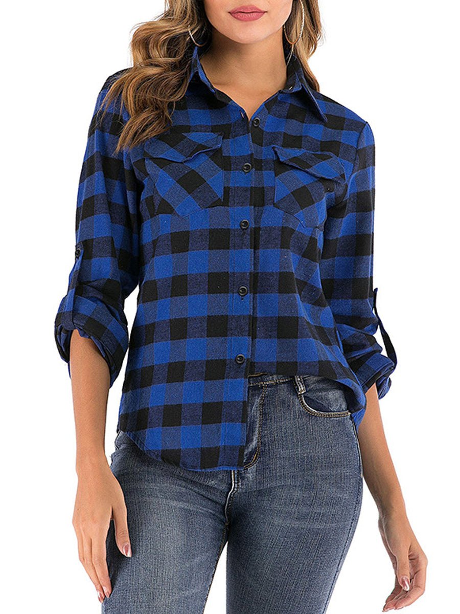 Blouses - Saint Patrick's Day Roll Up Long Sleeves Buttoned Up Plaids Blouse - MsDressly