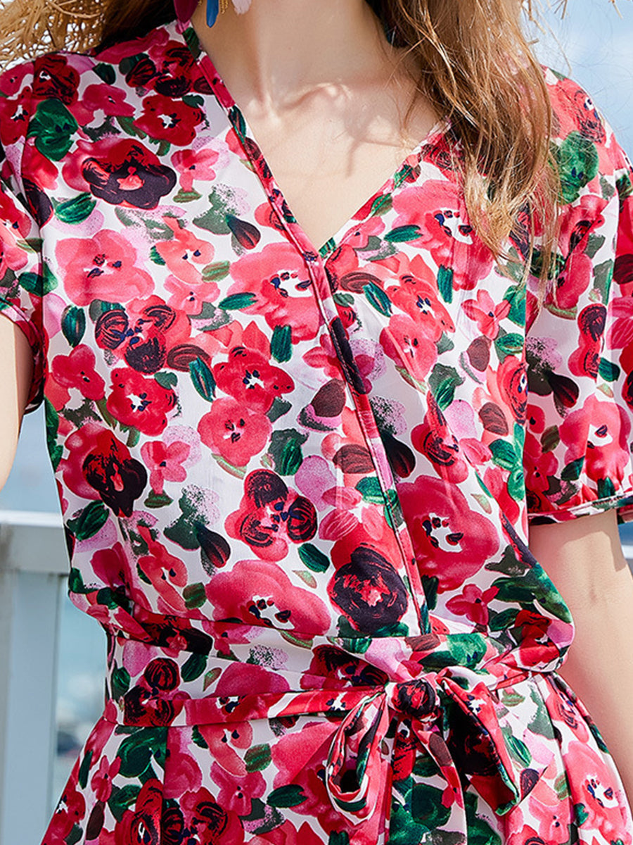 Midi Dresses - Loose V Neck Temperament Printed Midi Dress - MsDressly