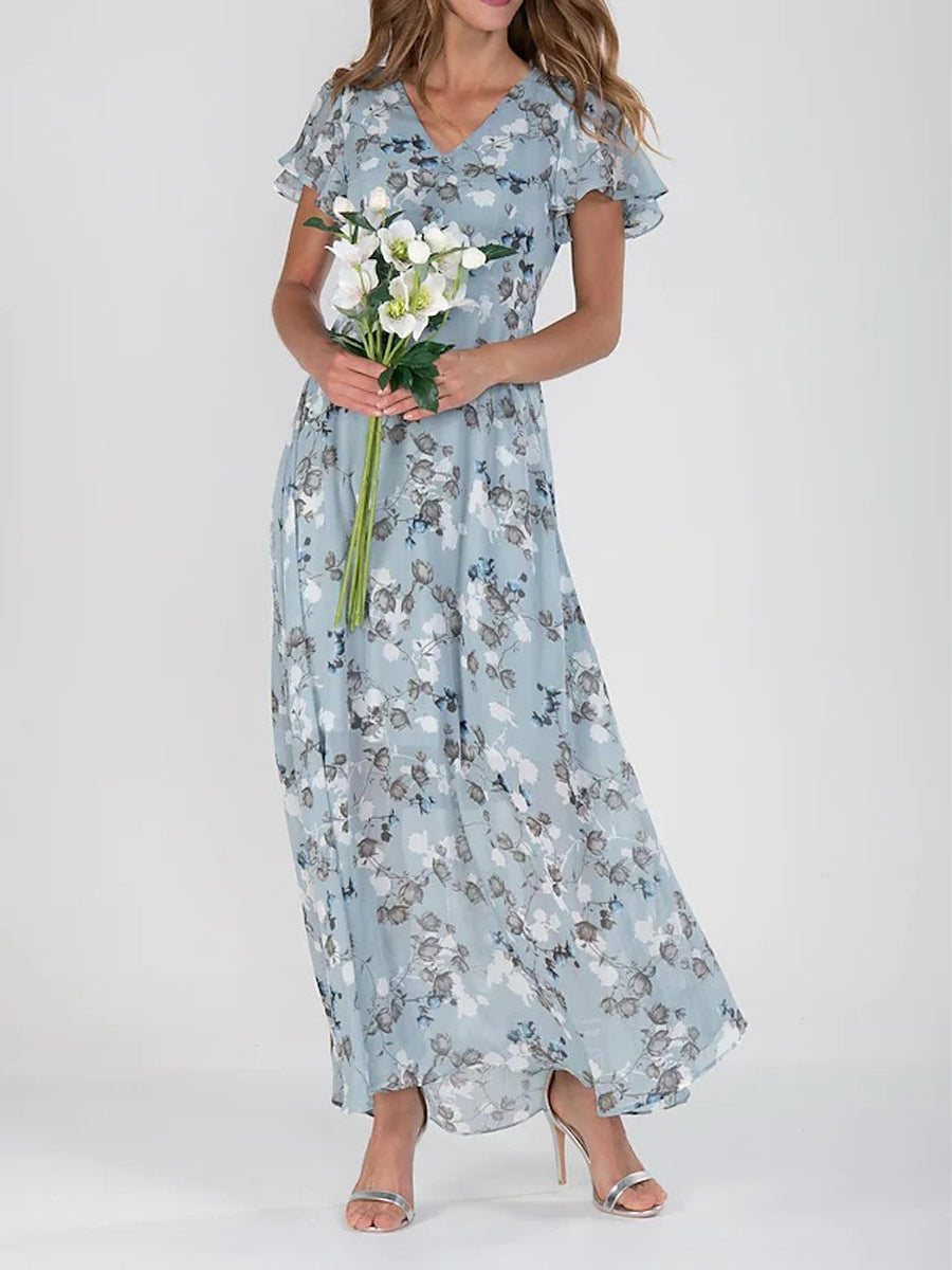 Maxi Dresses - Ruffle Sleeve V Neck Floral Chiffon Maxi Dress - MsDressly