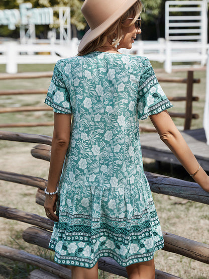 Mini Dresses - Bohemian V-Neck Short Sleeve Mini Dress - MsDressly