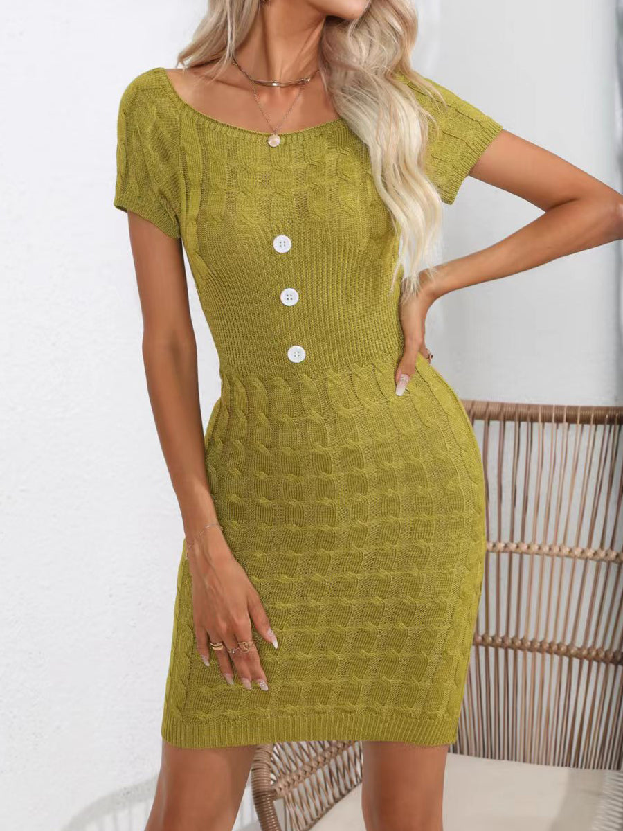 Decorative Button Round Neck Short Sleeve Sweater Mini Dress