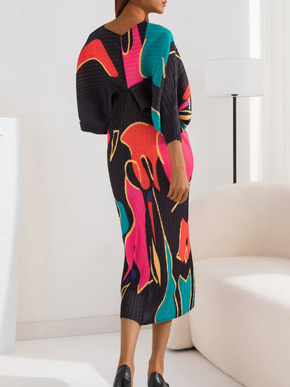 Midi Dresses - Elegant Print Pleated Thin V Neck Midi Dress - MsDressly