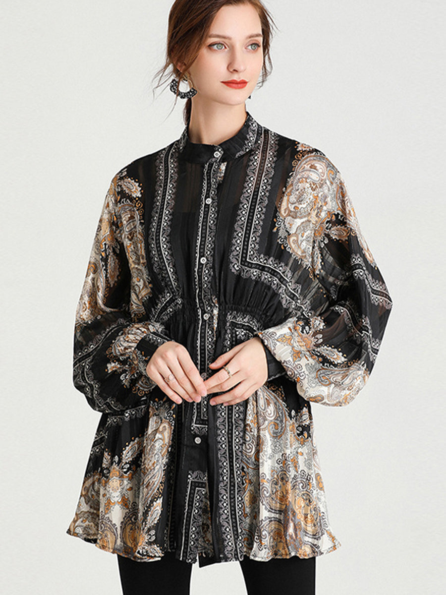 Plus Blouses - Size Curve Blouses Fashion Western Style Print Waist Blouse - MsDressly