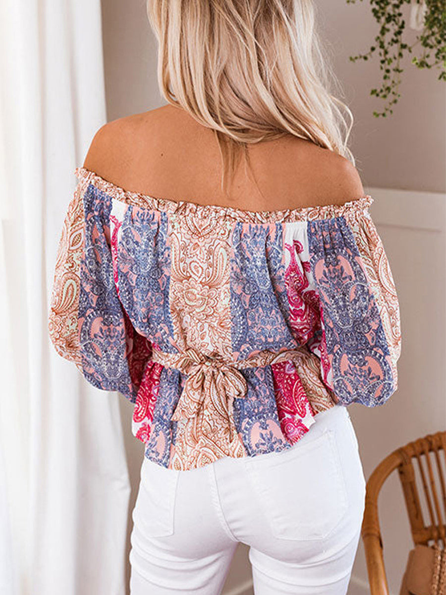 Blouses - Printed Off-Shoulder Flounce Sleeve Belted Blouse - MsDressly