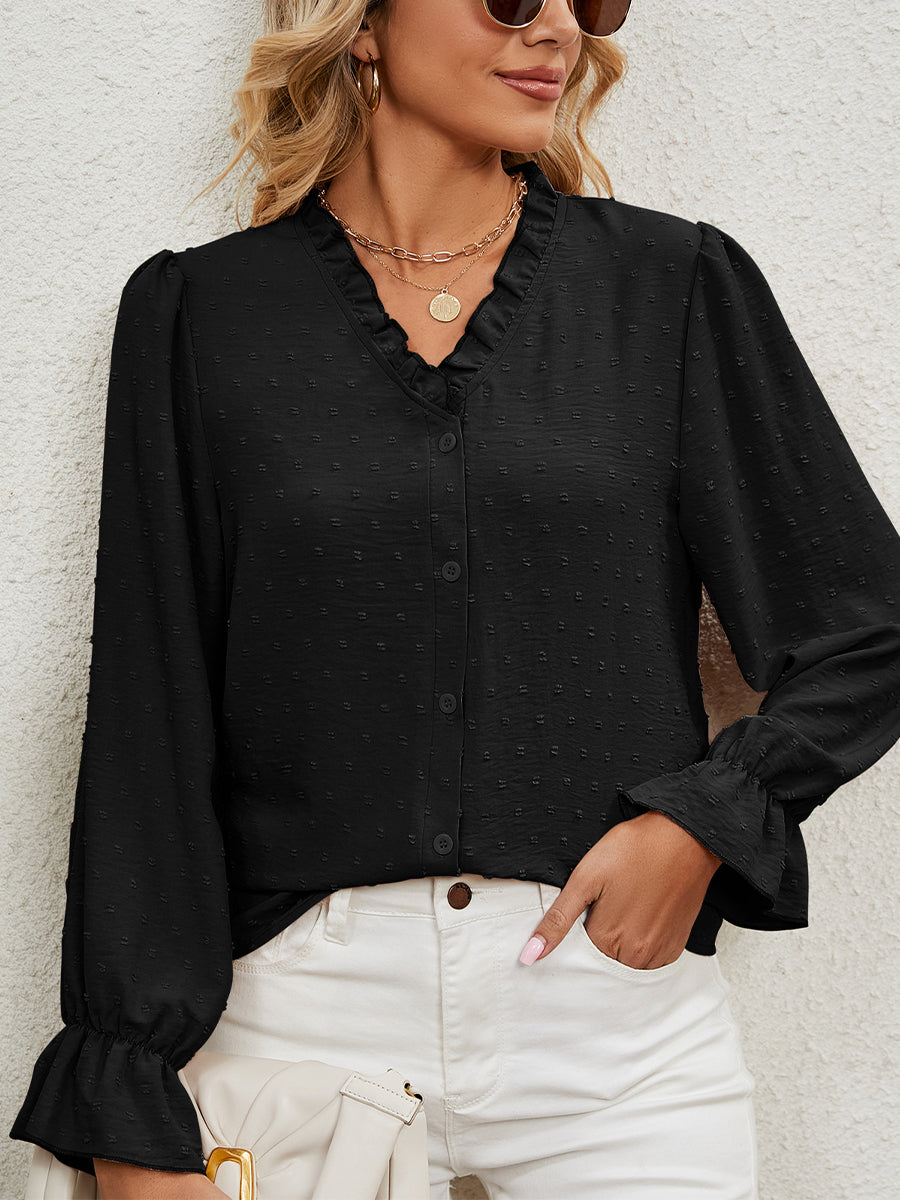 Blouses - V Neck Solid Color Cut Flower Chiffon Blouse - MsDressly