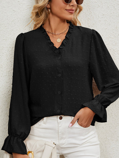 V Neck Solid Color Cut Flower Chiffon Blouse