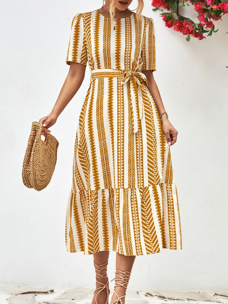 Midi Dresses - Striped Tie Belt Round Neck Puff Sleeve Midi Dress - MsDressly