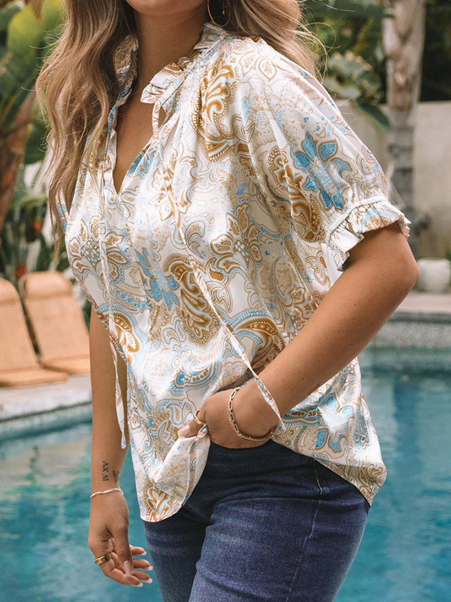 Blouses - Printed Tie Neck Flounce Sleeve Blouse - MsDressly