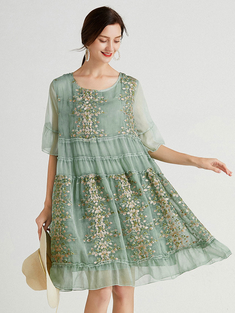 Plus Mini Dresses - Size Curve Dresses Plus Size Loose Round Neck Floral Casual Chiffon Mini Dress - MsDressly