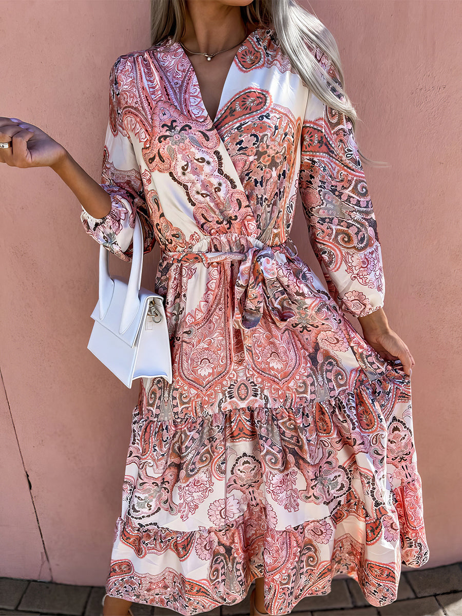 Fashion Print V Neck Long Sleeve Midi Dress