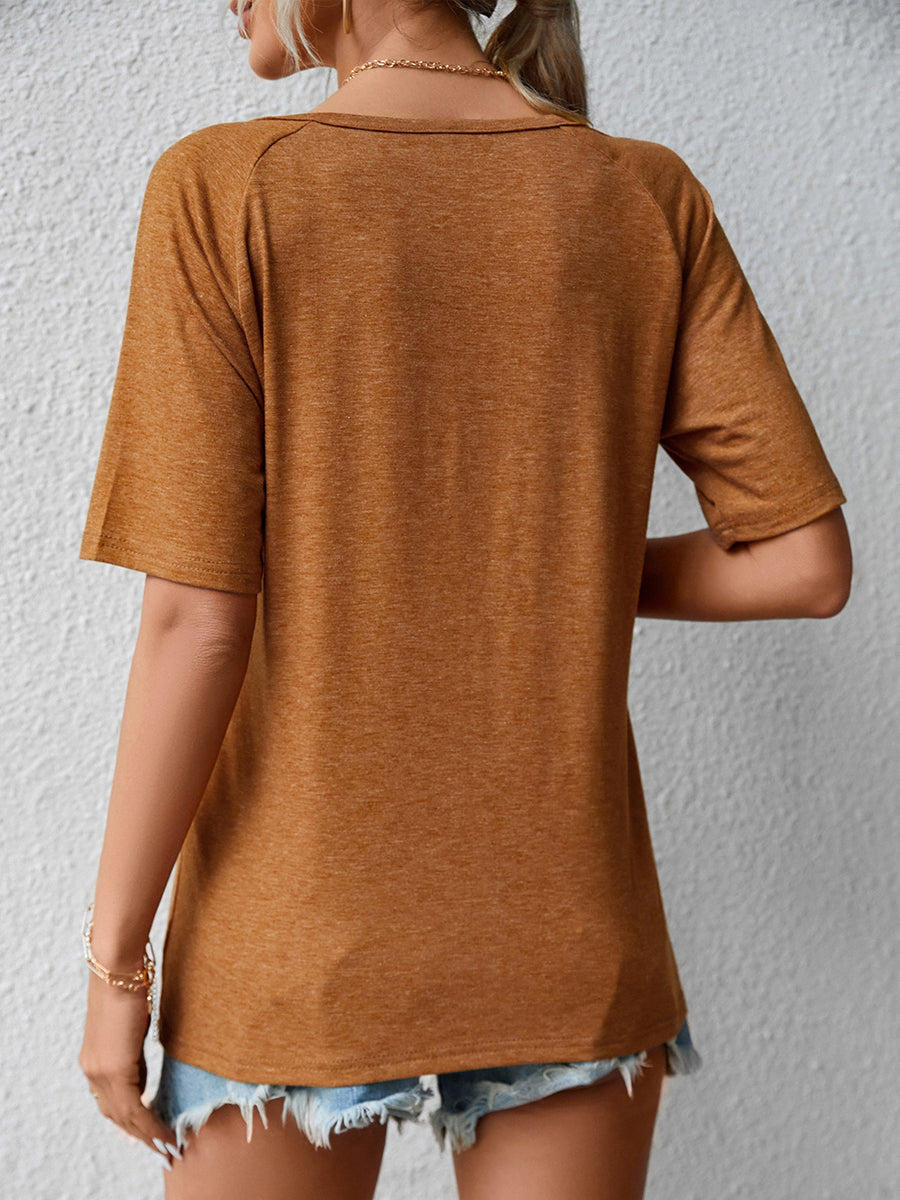 T-Shirts - Loose V Neck Lace Short Sleeve T-Shirt - MsDressly