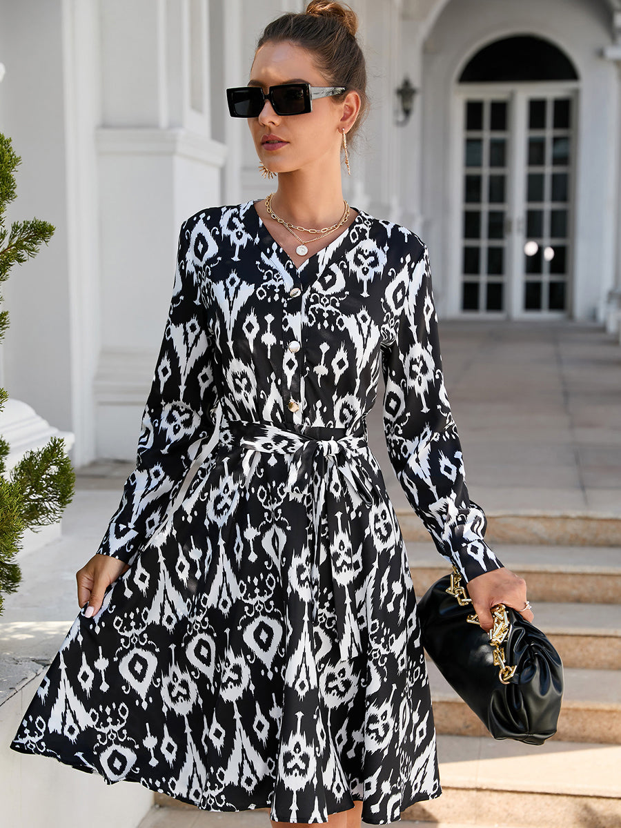 Mini Dresses - Sexy Buttons Printed Long Sleeved Mini Dress - MsDressly