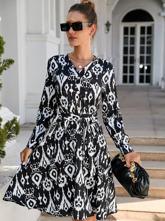 Sexy Buttons Printed Long Sleeved Mini Dress