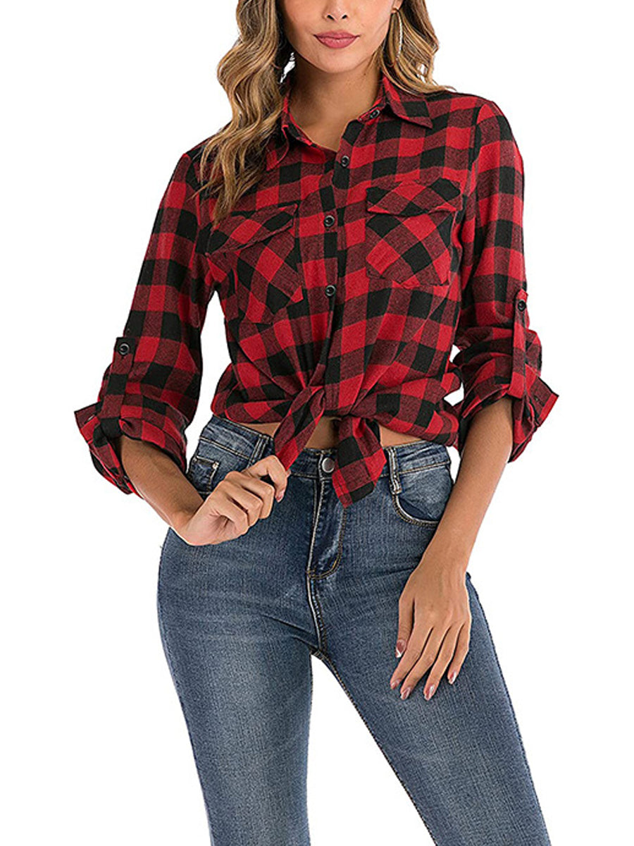 Blouses - Saint Patrick's Day Roll Up Long Sleeves Buttoned Up Plaids Blouse - MsDressly