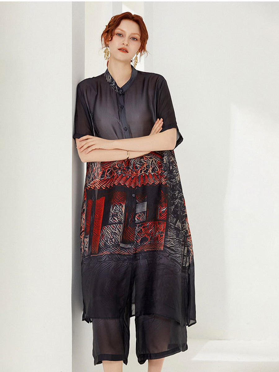 Plus Sets - Size Curve Sets Plus Size Casual Round Neck Printed Button Chiffon Two Piece Set - MsDressly