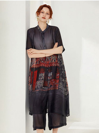 Plus Sets - Size Curve Sets Plus Size Casual Round Neck Printed Button Chiffon Two Piece Set - MsDressly