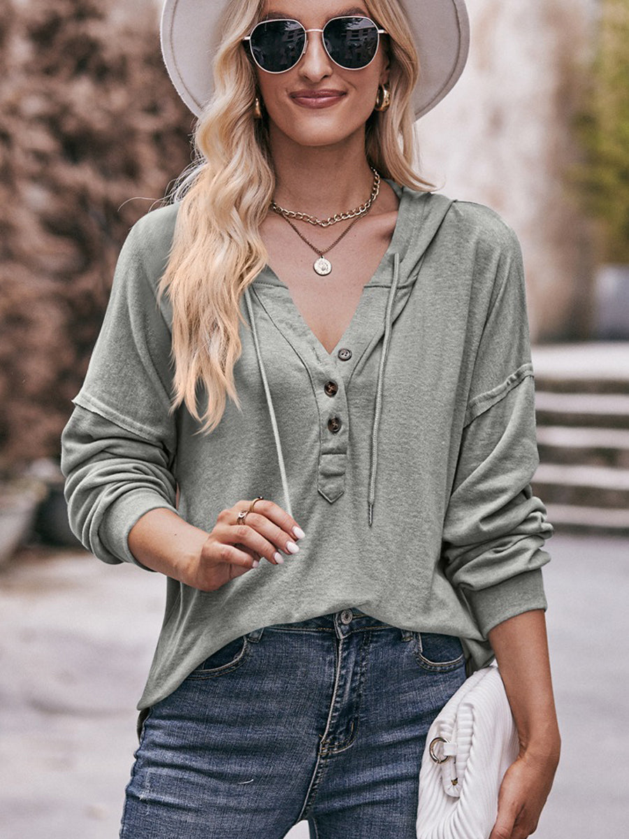 Hoodies - Casual Solid Color Loose Button Hoodie - MsDressly