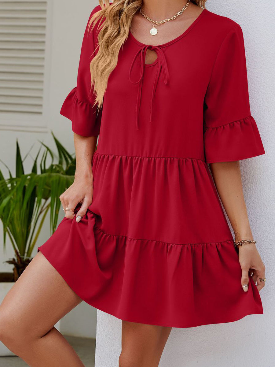 Mini Dresses - Stylish Pleated Ruffle Short Sleeve Mini Dress - MsDressly
