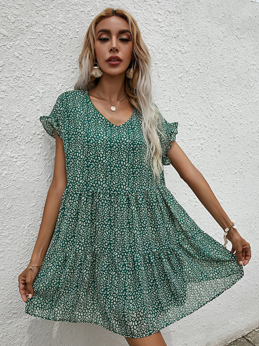 Chiffon Loose V Neck Short Sleeve Mini Dress