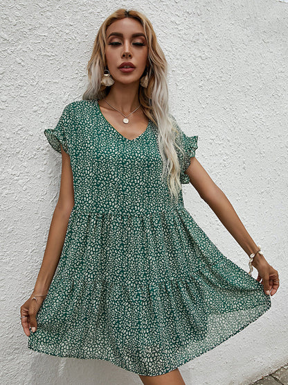 Chiffon Loose V Neck Short Sleeve Mini Dress