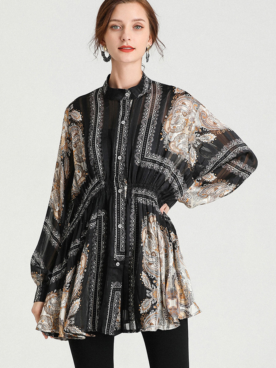 Plus Blouses - Size Curve Blouses Fashion Western Style Print Waist Blouse - MsDressly