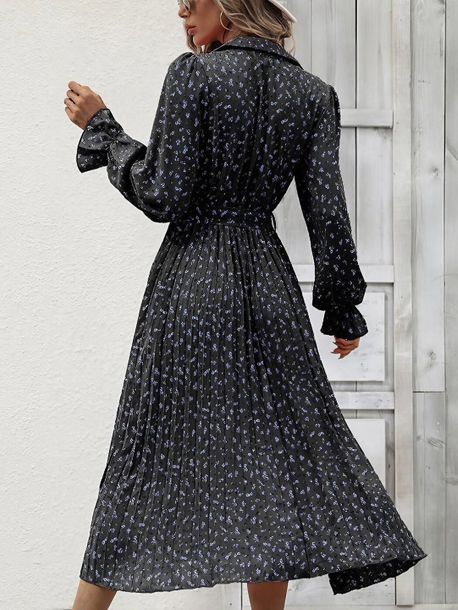 Midi Dresses - Fashion Pleated Tie Long Sleeve Midi Dress - MsDressly