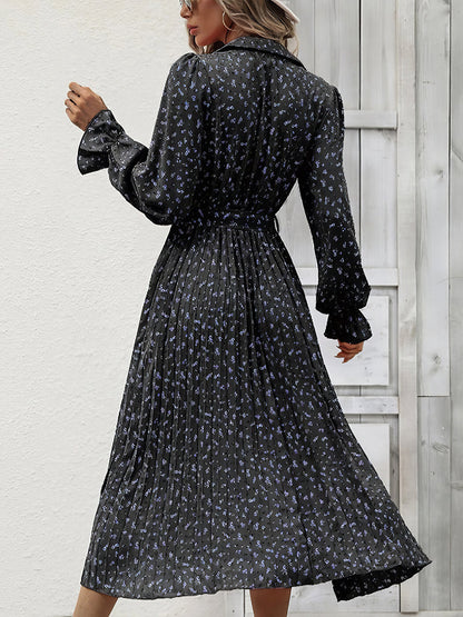 Midi Dresses - Fashion Pleated Tie Long Sleeve Midi Dress - MsDressly