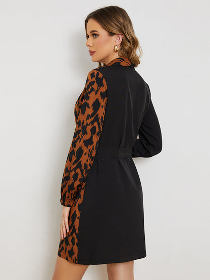 Mini Dresses - Leopard Print Long Sleeve Waist Stitching Elegant Mini Dress - MsDressly