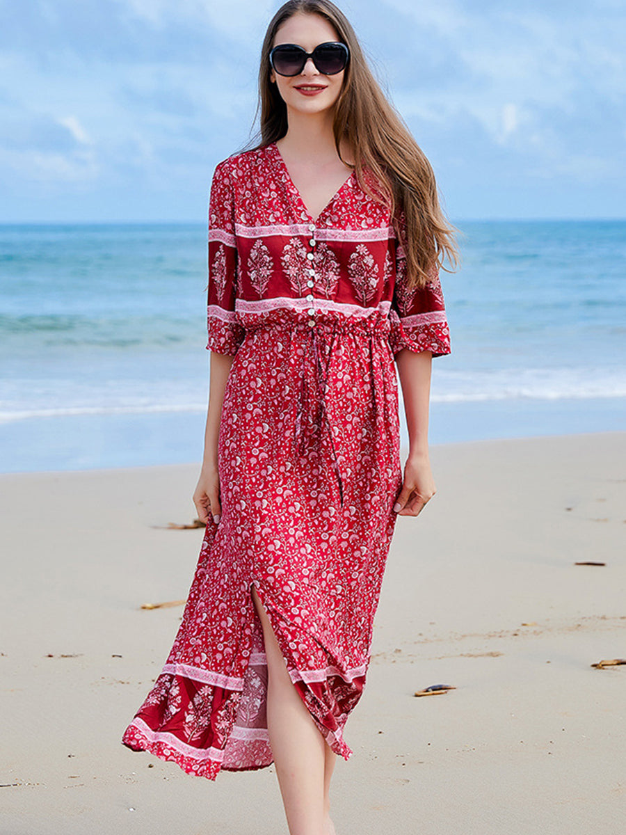 Midi Dresses - V Neck Loose Floral Button Slit Midi Dress - MsDressly