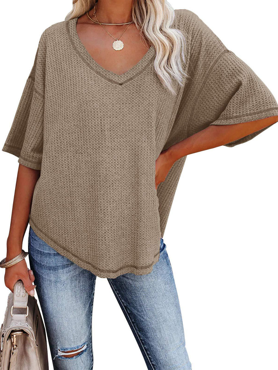 Blouses - Causual Waffle Knit Loose Tunic V Neck Short Sleeve Blouse - MsDressly