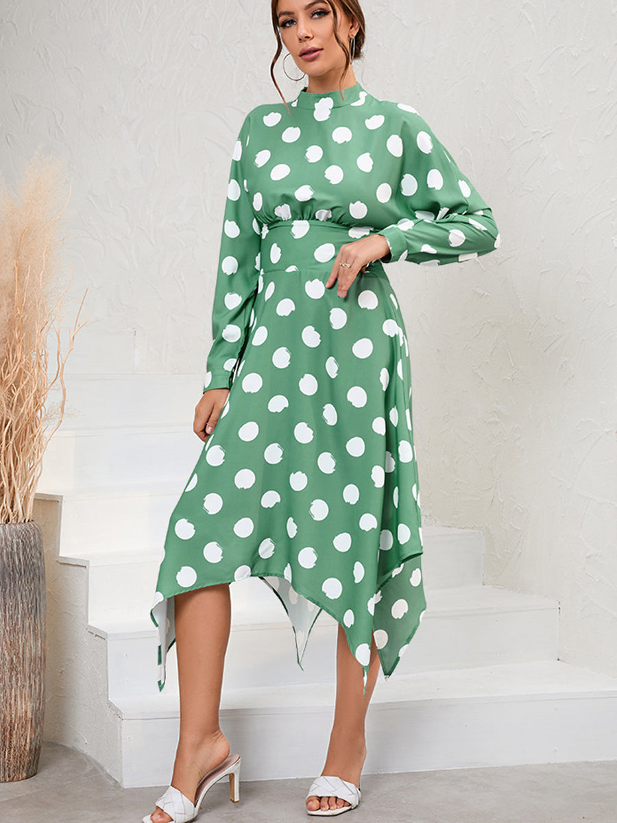 Midi Dresses - Unique And Chic Style Irregular Polka Dot Long Sleeve Midi Dress - MsDressly