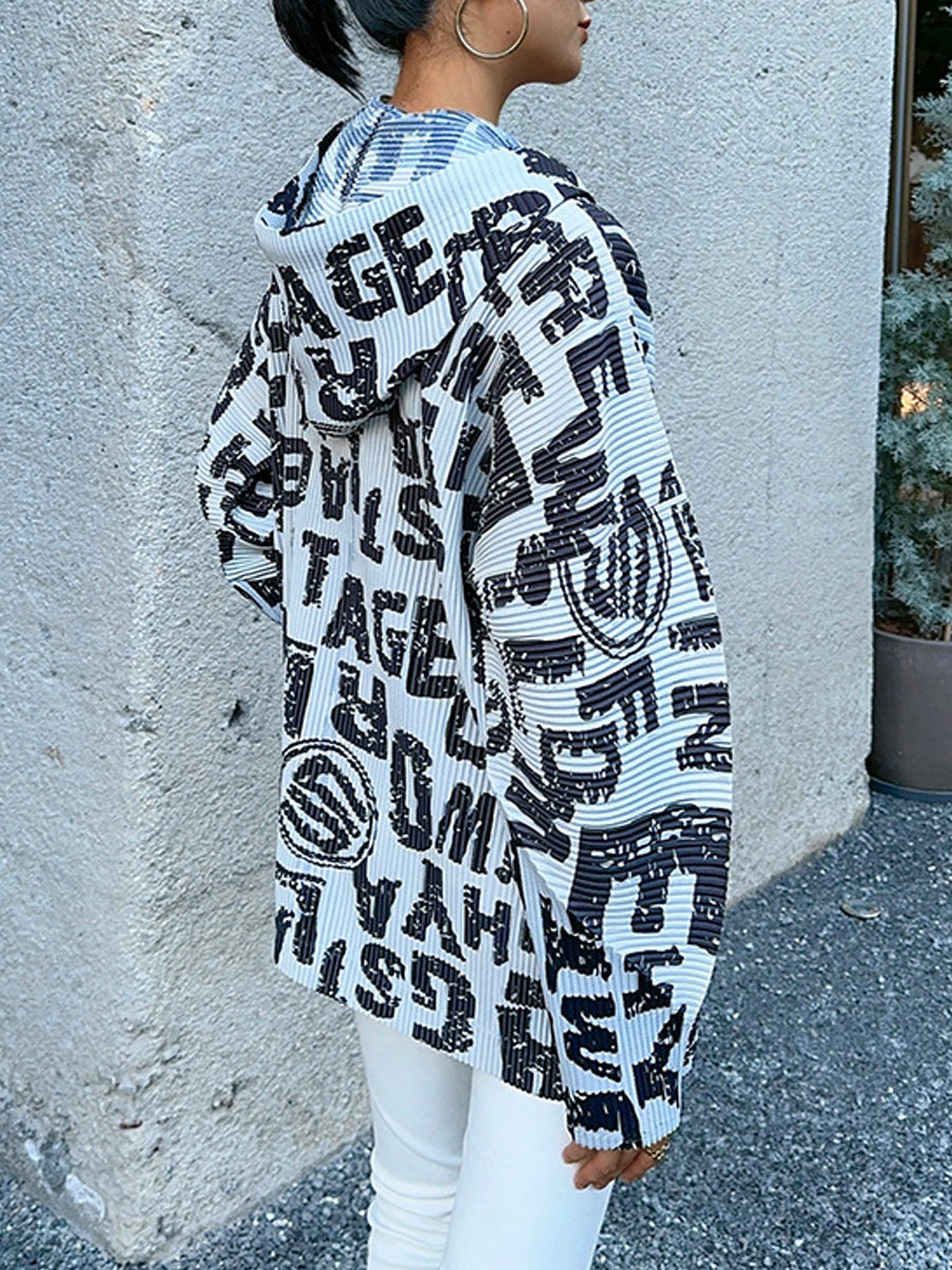 Hoodies - Trendy Pleated Print All Match Long Sleeved V Neck Hoodie - MsDressly