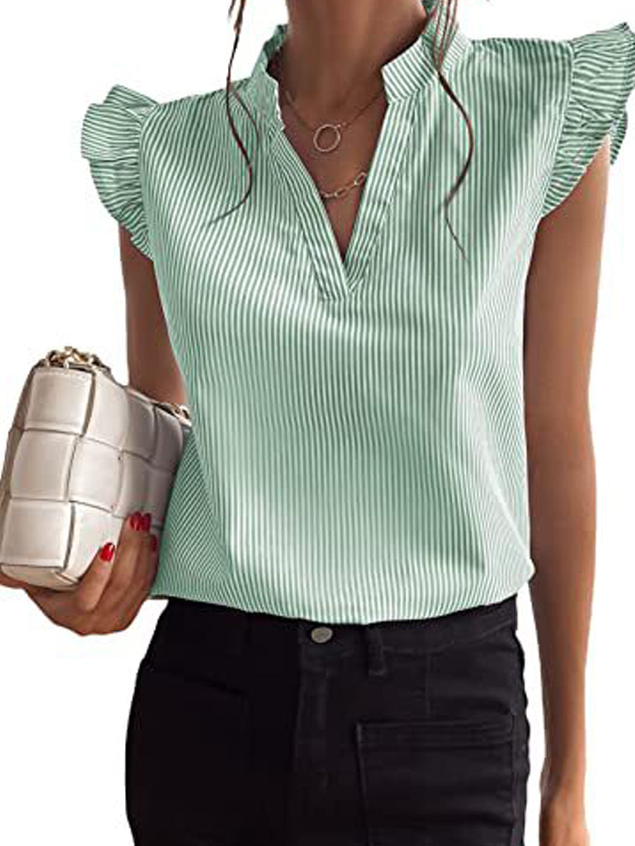 Blouses - Striped Notched Ruffle Cap Sleeve V Neck Blouse - MsDressly