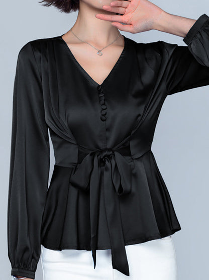 Blouses - Elegant Peplum Tie Front Short Bell Sleeve V Neck Blouse - MsDressly
